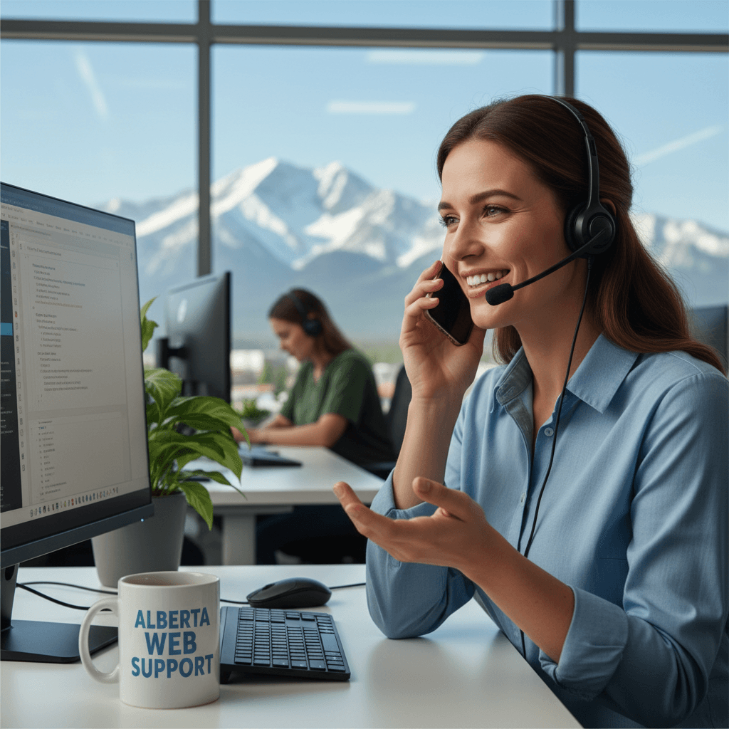 web professional in Alberta office providing customer support via phone call with friendly helpful expression